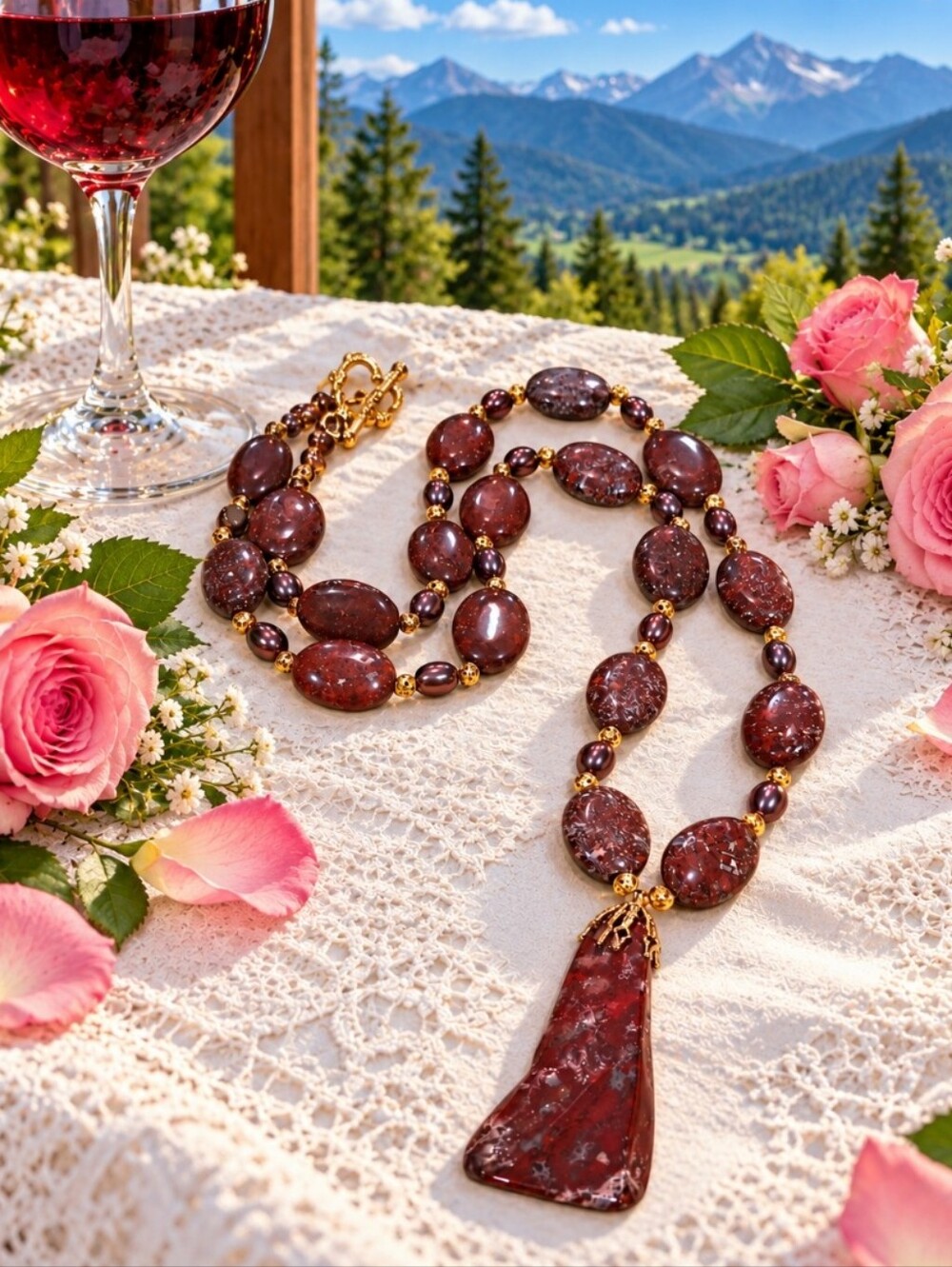 ARTISAN CRAFTED Burgundy Brown JASPER Stone Pendant Necklace - Women Jewelry